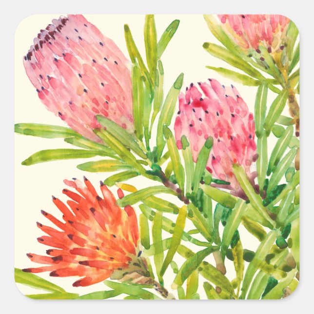 Watercolor Tropical Flowers Square Sticker (Front)