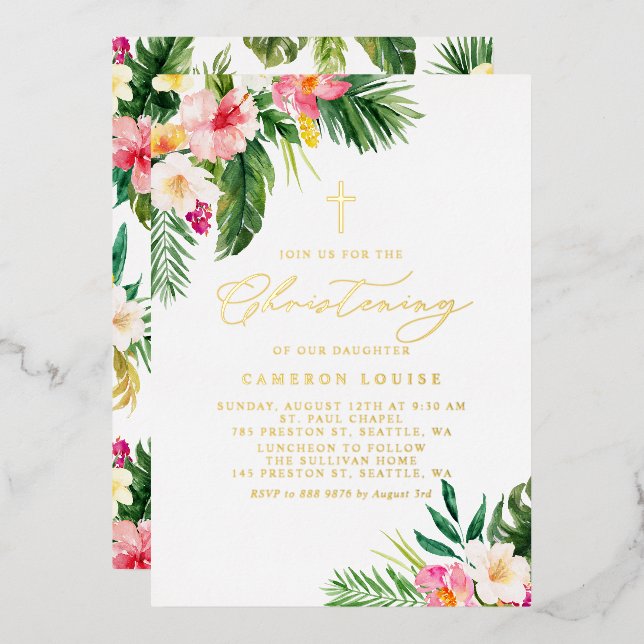 Watercolor Tropical Flowers Summer Christening (Front/Back)