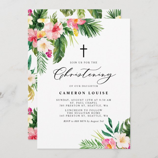Watercolor Tropical Flowers Summer Christening Invitation (Front/Back)