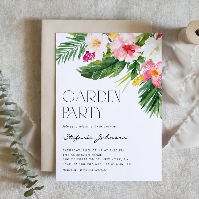 Watercolor Tropical Flowers Summer Garden Party Invitation (Creator Uploaded)