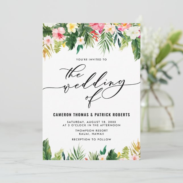 Watercolor Tropical Flowers Summer Wedding Invitation (Standing Front)