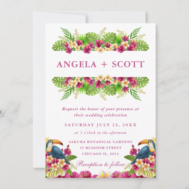 Watercolor Tropical Flowers Toucans Frame Wedding Invitation (Front)