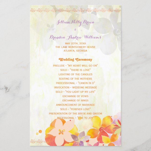 Watercolor Tropical Flowers Wedding Program (Front)
