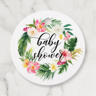 Watercolor Tropical Flowers Wreath Baby Shower Favour Tags