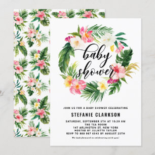 Watercolor Tropical Flowers Wreath Baby Shower Invitation