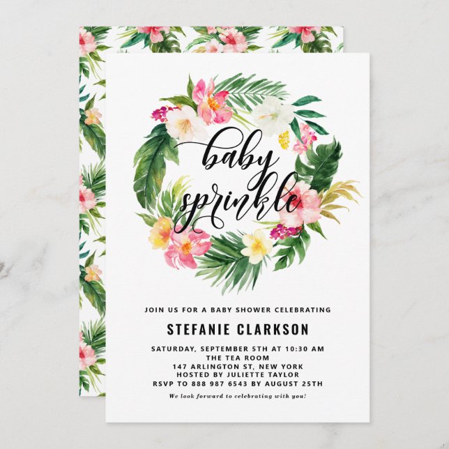 Watercolor Tropical Flowers Wreath Baby Sprinkle Invitation (Front/Back)