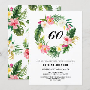 Watercolor Tropical Flowers Wreath Birthday Party Invitation