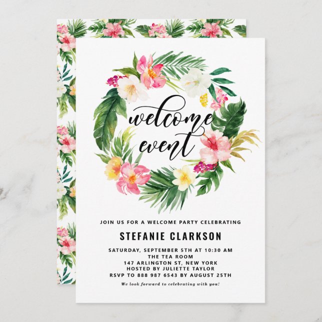 Watercolor Tropical Flowers Wreath Welcome Event Invitation (Front/Back)