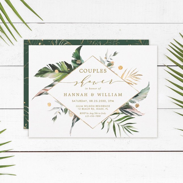 Watercolor Tropical Foliage Gold Couples Shower Invitation (Creator Uploaded)