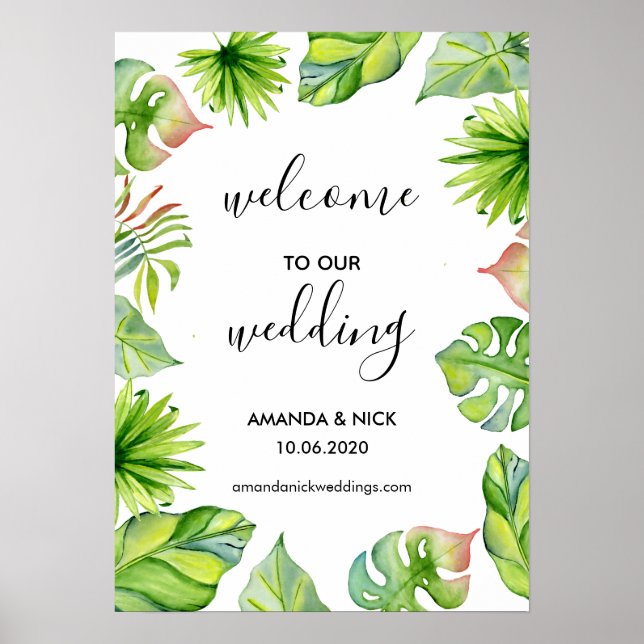 Watercolor Tropical Foliage Wedding Welcome Poster (Front)