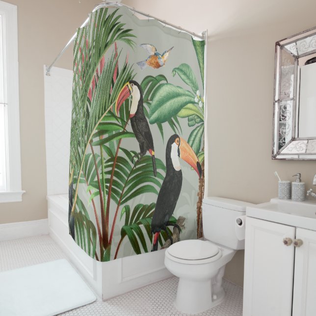 Watercolor Tropical Forest & Colourful Birds Shower Curtain (In Situ)