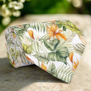 Watercolor Tropical Forest Summer Leaves & Floral Tie