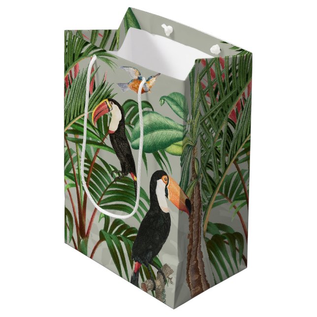 Watercolor Tropical Forest & Toucan Birds Medium Gift Bag (Front Angled)