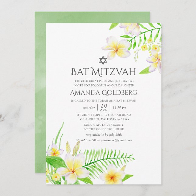 Watercolor Tropical Frangipani Bat Mitzvah Invitation (Front/Back)