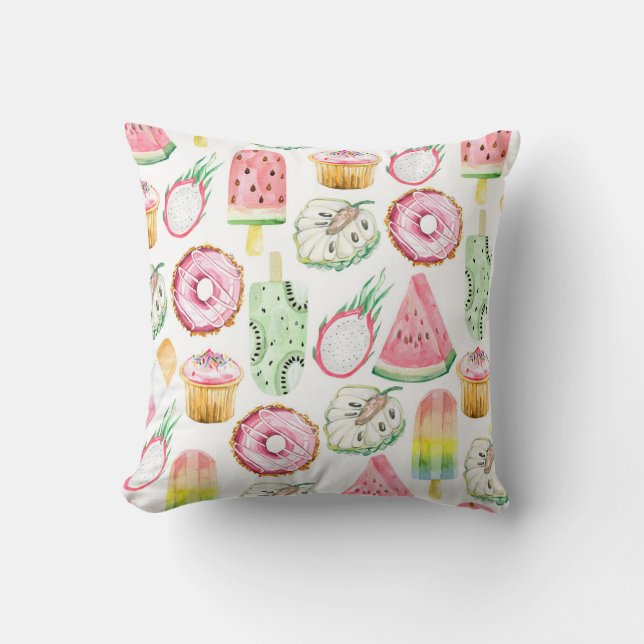 Watercolor tropical fruits, ice cream pattern. cushion (Front)
