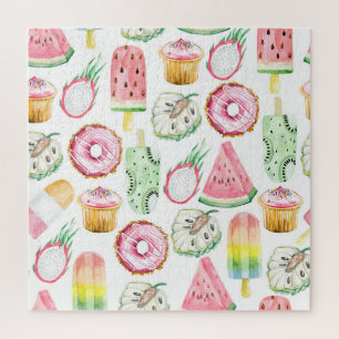 Watercolor tropical fruits, ice cream pattern. jigsaw puzzle