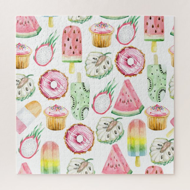 Watercolor tropical fruits, ice cream pattern. jigsaw puzzle (Vertical)