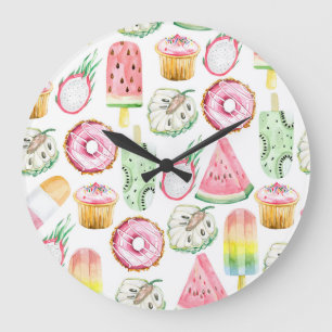 Watercolor tropical fruits, ice cream pattern. large clock