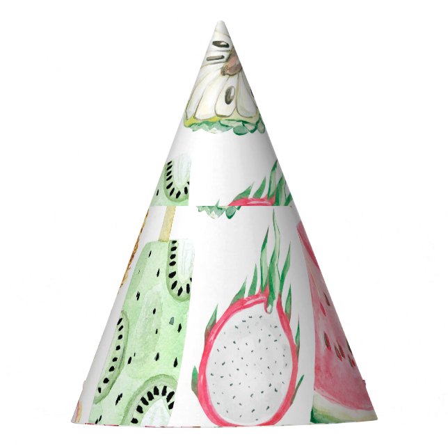 Watercolor tropical fruits, ice cream pattern. party hat (Front)