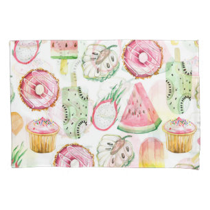 Watercolor tropical fruits, ice cream pattern. pillowcase