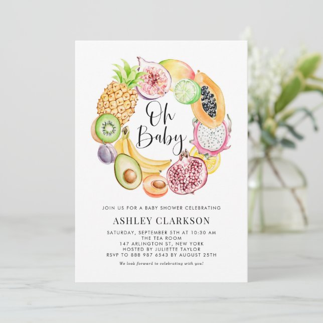 Watercolor Tropical Fruits Summer Baby Shower Invitation (Standing Front)