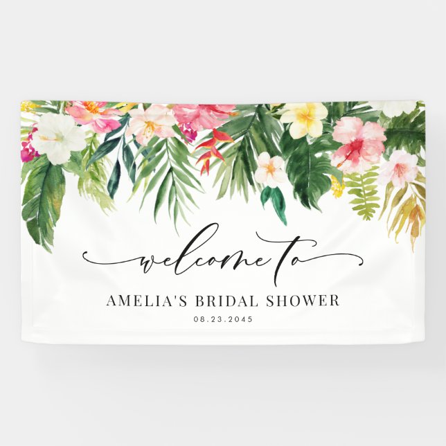 Watercolor Tropical Garland Summer Bridal Shower Banner (Horizontal)
