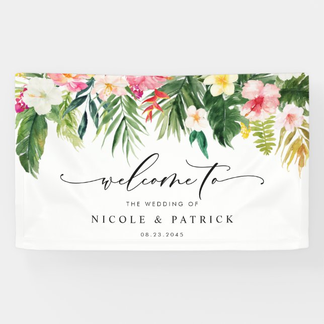 Watercolor Tropical Garland Summer Wedding Welcome Banner (Horizontal)
