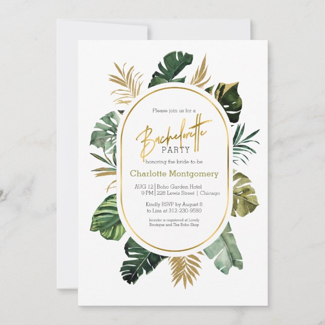 Watercolor Tropical Gold Foil Bachelorette Party Invitation (Front)