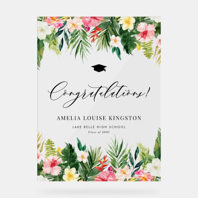 Watercolor Tropical Graduation Congratulations Acrylic Sign (Front)