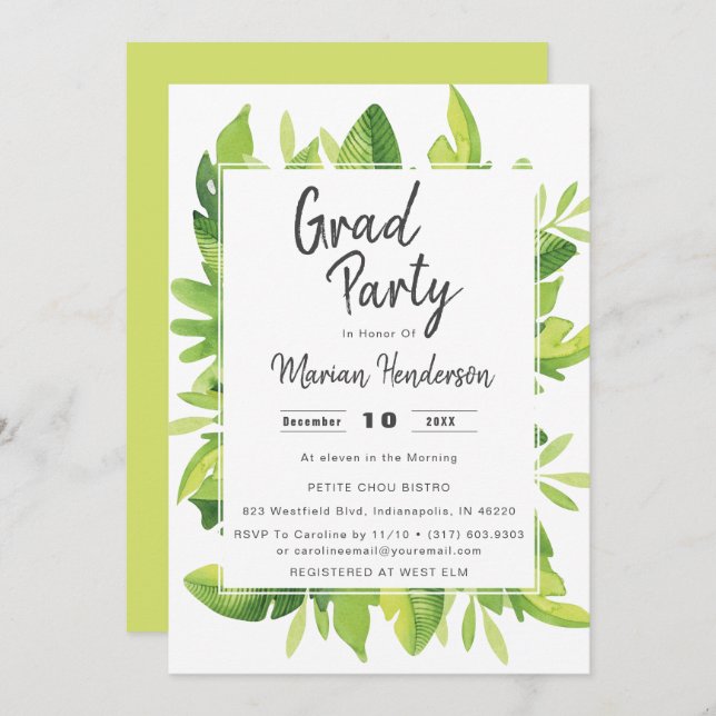 Watercolor Tropical Graduation Party Invitation (Front/Back)