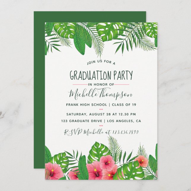 Watercolor tropical Graduation Party Invitation (Front/Back)