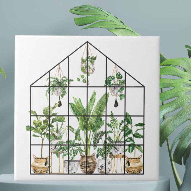 Watercolor Tropical Green Houseplant Gardening Ceramic Tile (Close up)