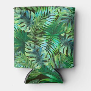 Watercolor tropical green leaves can cooler