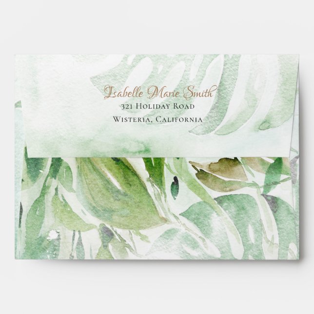 Watercolor Tropical Green Monstera Leaves Invite E Envelope (Back (Top Flap))