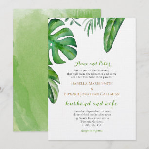 Watercolor Tropical Green Palm Leaves Wedding Invitation