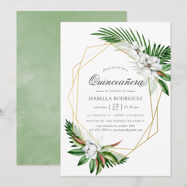 Watercolor Tropical Greenery Geometric Quinceañera Invitation (Front/Back)