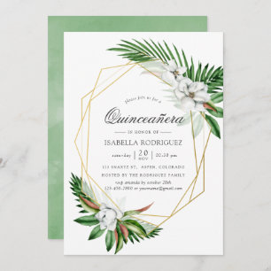 Watercolor Tropical Greenery Geometric Quinceañera Invitation