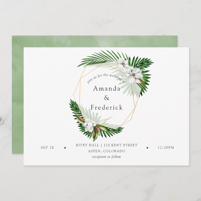 Watercolor Tropical Greenery Geometric Wedding Invitation (Front/Back)