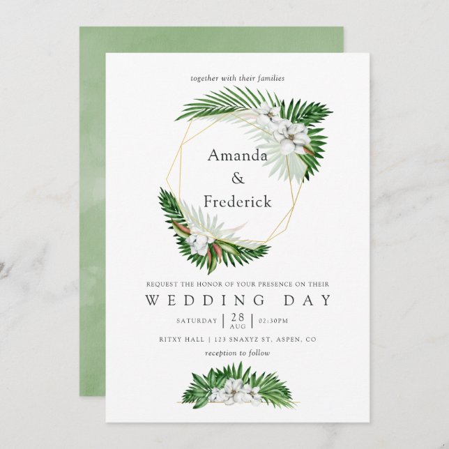 Watercolor Tropical Greenery Geometric Wedding Invitation (Front/Back)