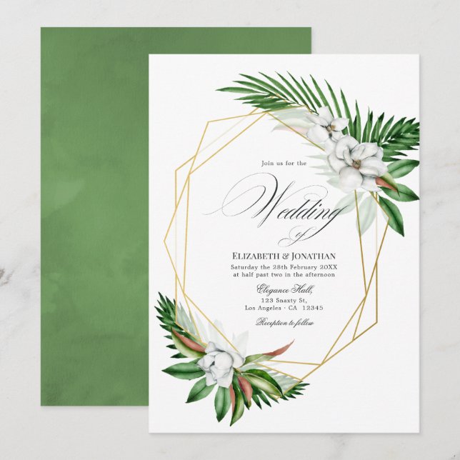 Watercolor Tropical Greenery Geometric Wedding Invitation (Front/Back)
