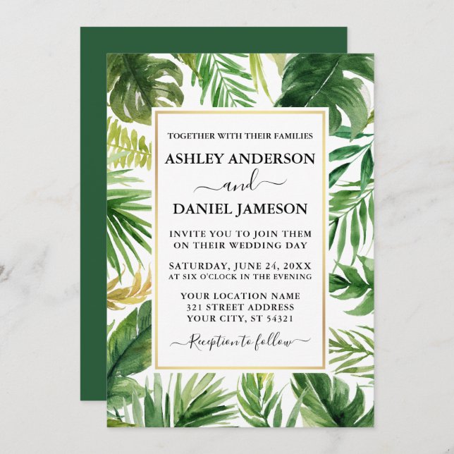 Watercolor Tropical Greenery Gold Frame Wedding Invitation (Front/Back)