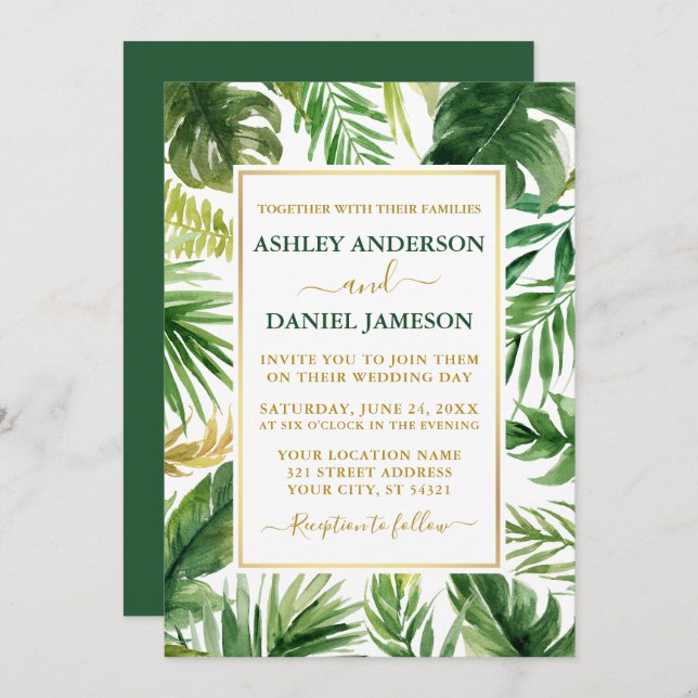 Watercolor Tropical Greenery Gold Wedding Green Invitation (Front/Back)