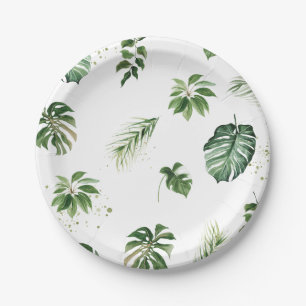 Watercolor Tropical Greenery Green Foliage Leaf  Paper Plate
