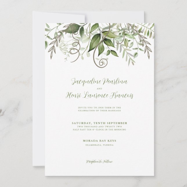 Watercolor Tropical Greenery Leaves Wedding Invitation (Front)