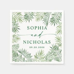 Watercolor tropical greenery palm script wedding napkin
