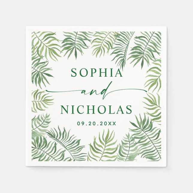Watercolor tropical greenery palm script wedding napkin (Front)