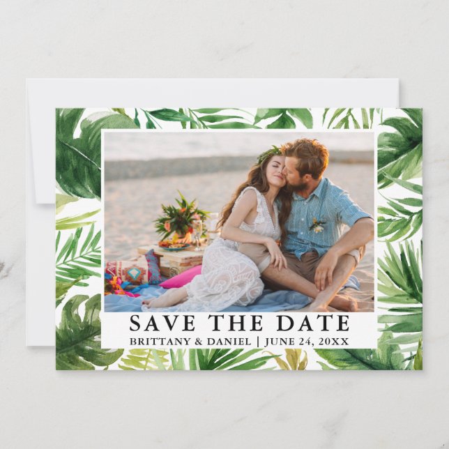 Watercolor Tropical Greenery Photo Save The Date (Front)