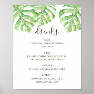 Watercolor tropical greenery wedding drinks bar poster