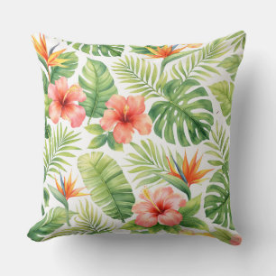 Watercolor Tropical Hibiscus and Bird of Paradise Cushion