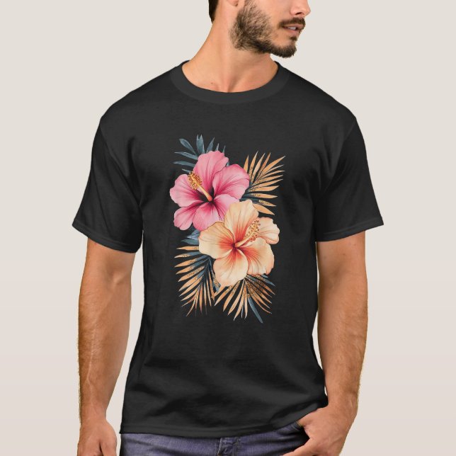 Watercolor Tropical Hibiscus Flowers Floral Summer T-Shirt (Front)